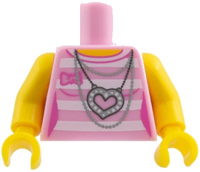 LEGO onderdeel Torso Female Outline Shirt with White Stripes, Silver Chains and Heart Necklace without Back Print Pattern / Yellow Arms / Yellow Hands (973pb1402c01)