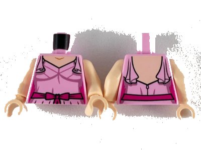 LEGO onderdeel Torso Female Dress with Shoulder Ruffles, Light Nougat Neck, Metallic Pink Trim and Magenta Belt Pattern / Light Nougat Arms / Light Nougat Hands (973pb3699c01)