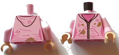 LEGO onderdeel Torso Female Jacket with Hood and Silver Zipper over Dark Pink Shirt, Dark Tan Dirt Stains Pattern / Bright Pink Arms / Light Nougat Hands (973pb4802c01)