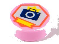 LEGO part Tile, Round 1 x 1 with Dark Blue Camera, Yellow Flash and Ribbon on White Hexagon with Coral Outline Pattern 98138pb180