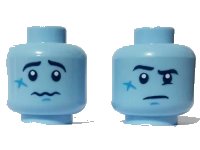 LEGO part Minifigure, Head Dual Sided Black Raised Eyebrow, Dark Azure Cheek Scar, Nervous / Puzzled Pattern - Hollow Stud 3626pb2547
