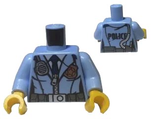 LEGO onderdeel Torso Police Female Jacket with Zipper, Dark Blue Tie, Gold Badge, Radio and 'POLICE' Pattern on Reverse / Bright Light Blue Arms / Yellow Hands (973pb2161c01)