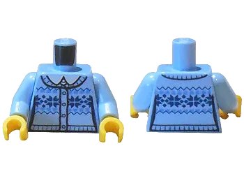 LEGO onderdeel Torso Knit Fair Isle Cardigan Sweater with White Shirt Collar and 4 Buttons Pattern / Bright Light Blue Arms / Yellow Hands (973pb2336c01)