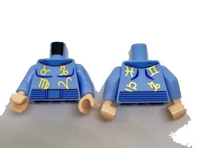 LEGO onderdeel Torso Medium Blue Collar and Belt, Gold Zodiac Symbols Pattern / Bright Light Blue Arms with Gold Zodiac Signs Pattern / Light Nougat Hands (973pb2573c01)