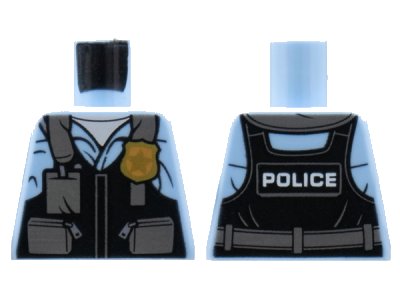LEGO onderdeel Torso Police Black Pilot Safety Vest with Police Badge and Dark Bluish Gray Pockets Pattern (973pb3376)
