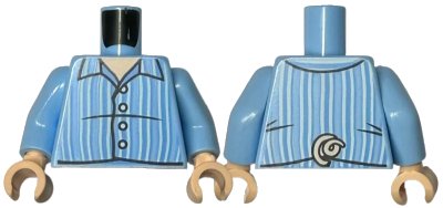 LEGO onderdeel Torso Pajama Shirt with Open Collar, Buttons, and Light Aqua Vertical Stripes, Light Nougat Neck, Curled Tail on Back Pattern / Bright Light Blue Arms / Light Nougat Hands (973pb4421c01)