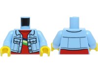 LEGO part Torso Denim Jacket Open with Pockets and Buttons over Red Shirt with Dark Blue, Yellowish Green, and Bright Green Stripes Pattern / Bright Light Blue Arms / Yellow Hands 973pb4601c01