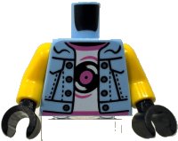 LEGO part Torso Denim Jacket Open with Silver Buttons over White Shirt with Dark Pink Hems and Black Record Pattern / Yellow Arms / Black Hands (BAM) 973pb5355c02