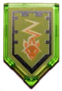 LEGO part Tile, Modified 2 x 3 Pentagonal with Nexo Power Shield Pattern - Swift Sting 22385pb069