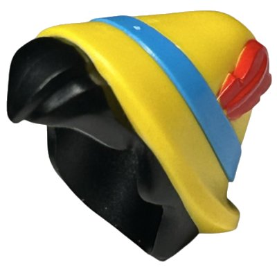 LEGO part Minifigure, Hair Combo, Hair with Hat, Short Hair with Quiff with Molded Yellow Hat and Dark Azure Band and Printed Red Feather Pattern (102286pb01)