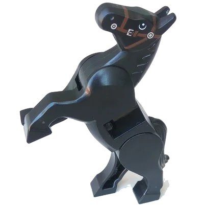 LEGO onderdeel Horse, Movable Legs with Black and White Eyes, White Pupils and Dark Brown Bridle Pattern (10352c01pb03)
