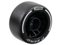 LEGO part Wheel 24 x 13.4 with Pin Hole with Molded Black Hard Rubber Tire and Printed White 'PIRELLI', 'P ZERO' and Arcs Pattern 105162pb04