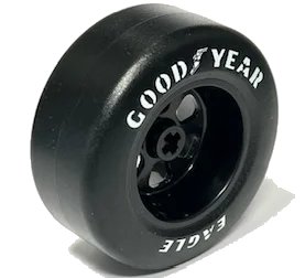 LEGO onderdeel Wheel 50 x 22 with Axle Hole and 6 Holes with Molded Black Hard Rubber Tire and Printed White 'GOODYEAR EAGLE' Pattern (105645pb02)