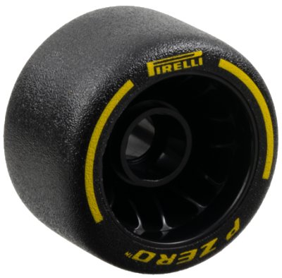 LEGO part Rueda 24 x 14.9 con Agujero de Pasador con Llanta de Goma Dura Moldeada Negra e Impreso Amarillo 'PIRELLI', 'P ZERO' y Patrón de Arcos (110100pb01)