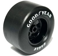 LEGO onderdeel Wheel 50 x 30 with Axle Hole and 6 Holes with Molded Black Hard Rubber Tire and Printed White 'GOODYEAR EAGLE' Pattern 110638pb01