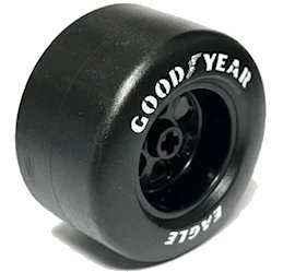 LEGO onderdeel Wheel 50 x 30 with Axle Hole and 6 Holes with Molded Black Hard Rubber Tire and Printed White 'GOODYEAR EAGLE' Pattern (110638pb01)