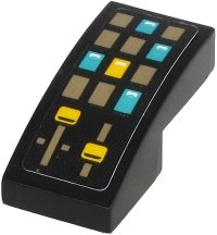 LEGO onderdeel Slope, Curved 2 x 1 x 2/3 with Control Panel with Dark Tan, Dark Turquoise and Yellow Rectangle Buttons and Sliders Pattern (Sticker) - Set 71705 11477pb098
