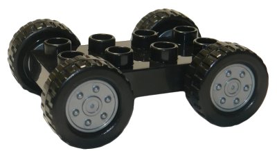 LEGO onderdeel Duplo Car Base 2 x 4 with Fixed Axles, Black Tires, and Flat Silver Wheels (12591c01)