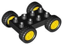LEGO onderdeel Duplo Car Base 2 x 4 with Fixed Axles, Black Tires, and Yellow Wheels (12591c02)