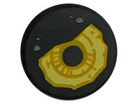 LEGO part Tile, Round 2 x 2 with Bottom Stud Holder with Yellow Eye with Detailed Iris, Black Pupil and Eyelid with Dark Bluish Gray Spots Pattern 14769pb183