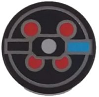 LEGO part Tile, Round 2 x 2 with Bottom Stud Holder with Dark Azure Rectangle, Red Circles and Silver Lines Pattern (BrickHeadz Peter Venkman Proton Pack) 14769pb222