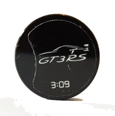 LEGO onderdeel Tile, Round 2 x 2 with Bottom Stud Holder with 'GT3RS', '3:09' and Porsche GT3RS Outline Pattern (Sticker) - Set 42056 (14769pb298)