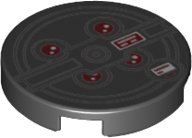 LEGO part Fliese, Rund 2 x 2 mit Stifthalter unten mit roten Lichtern und schwarzen konzentrischen Kreisen (Proton Pack) Muster 14769pb357