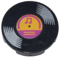 LEGO part Tile, Round 2 x 2 with Bottom Stud Holder with Vinyl Record with Bright Light Orange and Magenta Center and Musical Notes Pattern 14769pb571