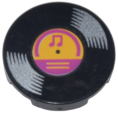 LEGO part Tile, Round 2 x 2 with Bottom Stud Holder with Vinyl Record with Bright Light Orange and Magenta Center and Musical Notes Pattern (14769pb571)