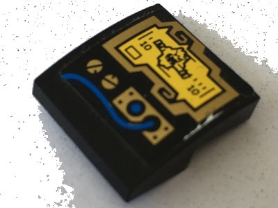 LEGO part Slope, Curved 2 x 2 x 2/3 with Yellow Display, Gold Buttons and Panel, Blue Wire Pattern (Sticker) - Set 70731 (15068pb259)