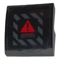 LEGO part Slope, Curved 2 x 2 x 2/3 with Red Warning Triangle on Dark Bluish Gray Danger Stripes Pattern (Sticker) - Set 70923 15068pb353