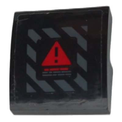 LEGO onderdeel Slope, Curved 2 x 2 x 2/3 with Red Warning Triangle on Dark Bluish Gray Danger Stripes Pattern (Sticker) - Set 70923 (15068pb353)