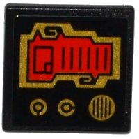 LEGO onderdeel Verkeersbord 2 x 2 Vierkant met Open O Clip met Rood Scherm, 2 Gouden Knoppen en Luidspreker Rooster Patroon (Sticker) - Set 70738 15210pb021
