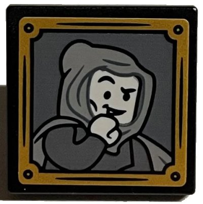 LEGO onderdeel Road Sign 2 x 2 Square with Open O Clip with Gilderoy Lockhart with Hooded Cloak and Gold Frame Pattern (Sticker) - Set 76389 (15210pb112)