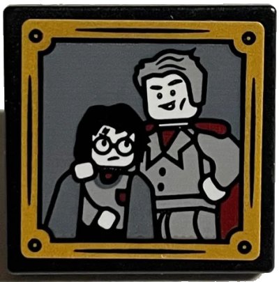 LEGO onderdeel Road Sign 2 x 2 Square with Open O Clip with Gilderoy Lockhart Posing with Harry Potter and Gold Frame Pattern (Sticker) - Set 76389 (15210pb114)
