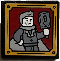 LEGO part Road Sign 2 x 2 Square with Open O Clip with Gilderoy Lockhart with Mirror and Gold Frame Pattern (Sticker) - Set 76389 15210pb115