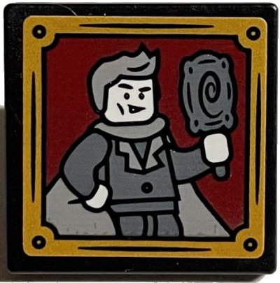 LEGO part Road Sign 2 x 2 Square with Open O Clip with Gilderoy Lockhart with Mirror and Gold Frame Pattern (Sticker) - Set 76389 (15210pb115)