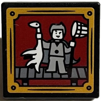 LEGO onderdeel Road Sign 2 x 2 Square with Open O Clip with Gilderoy Lockhart with Dragon and Net with Gold Frame Pattern (Sticker) - Set 76389 (15210pb116)