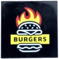 LEGO part Tile 4 x 4 with Red and Yellow Flames, White Burger Outline and 'BURGERS' Pattern 1751pb012