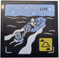 LEGO part Tile 4 x 4 with 'LIVE' Broadcast with Bright Light Blue Rubber Raft and Sky, Black Sea, White Minifigure, Stars and Waves, Yellow Icon with Clouds Pattern 1751pb047