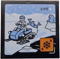 LEGO part Tile 4 x 4 with 'LIVE' Broadcast with Bright Light Blue Snowmobile, Fish, Seal and Sky, White Ground and Mountains, Orange Icon with Black Snowflakes Pattern 1751pb049