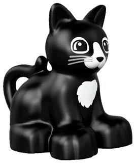 LEGO onderdeel Duplo Cat Kitten Sitting with Black Eyes and Nose, Light Bluish Gray Whiskers, White Chest and Muzzle Pattern (17865pb02)
