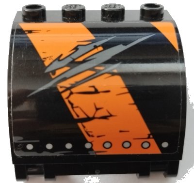 LEGO onderdeel Panel 3 x 4 x 3 Curved with Double Clip Hinge with Worn Black and Orange Stripes, Silver Rivets and Scratches Pattern Model Left Side (Sticker) - Set 70654 (18910pb006L)