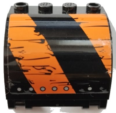 LEGO onderdeel Panel 3 x 4 x 3 Curved with Double Clip Hinge with Worn Black and Orange Stripes, Silver Rivets Pattern Model Left Side (Sticker) - Set 70654 (18910pb007L)