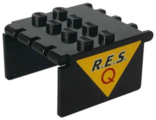 LEGO part Windscreen 4 x 4 x 2 Canopy Extender with Black 'R.E.S.' and Red 'Q' on Yellow Triangle Pattern on Both Sides (Stickers) - Set 6445 (2337pb01)