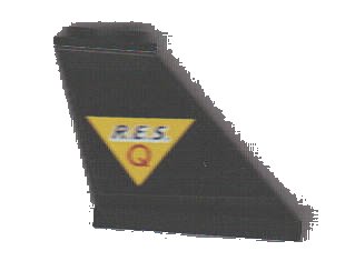 LEGO onderdeel Tail 4 x 1 x 3 with Black 'R.E.S.' and Red 'Q' on Yellow Triangle Pattern Model Right Side (Sticker) - Set 6451 (2340pb015r)