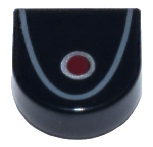 LEGO part Tile, Round 1 x 1 Half Circle Extended with Red Circle with Silver Outline and Dark Bluish Gray Curved Line Pattern (24246pb046)