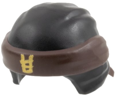 LEGO onderdeel Minifiguur, Hoofddeksel Ninjago Wrap Type 3 met Gesmolten Donkerbruine Bandana en Knoop en Gedrukt Goud Ninjago Logogram Letter E Patroon (24496pb04)