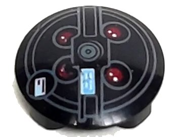 LEGO onderdeel Plate, Round 2 x 2 with Rounded Bottom with Red Lights and Dark Bluish Gray Concentric Circles (Proton Pack) Pattern (2654pb004)