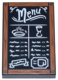 LEGO part Tile 2 x 3 with Chalk Board with Dark Orange Frame with Wood Grain and Nails, White 'Menu' Food Items, and Scribbles Pattern 26603pb469